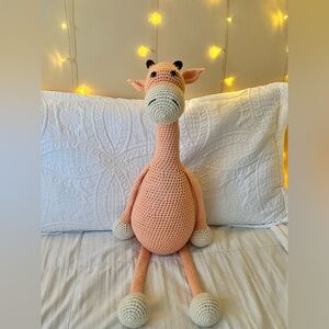 Large original handmade crochet plush giraffe in light coral pink with off white